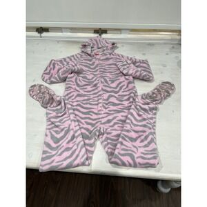 Jenni Intimates Womens Medium Pink Gray Zebra Hooded‎ Footed Pajamas Onesie